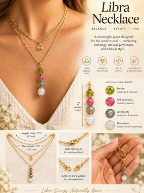 Handmade Gold Plated Layered Libra Necklace with 4 Natural Gemstone bead Pendant